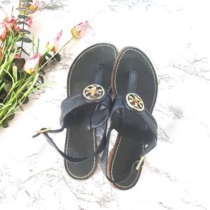 Tory Burch Bryce Leather Flats Thong Sandals Navy